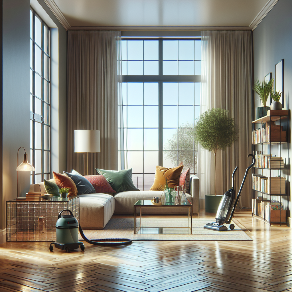 A clean and organized modern living room with natural light, highlighting the interior design.