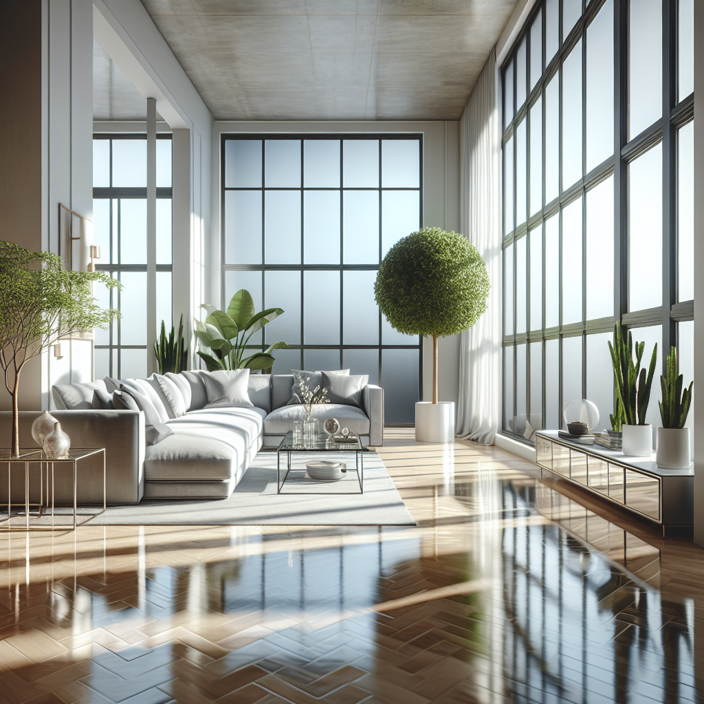 A modern, clean living space showcasing minimalistic furniture and a bright atmosphere.