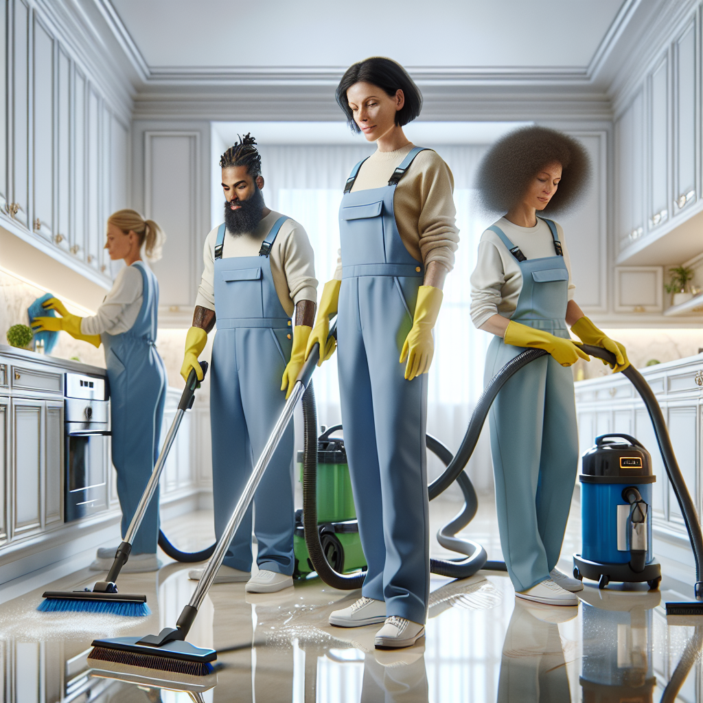 A professional cleaning team deep cleaning a bright and organized kitchen.