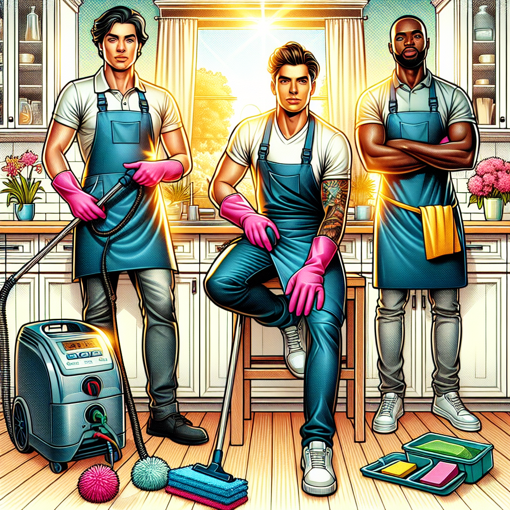 Professional cleaners performing an extreme deep cleaning service in a bright kitchen.