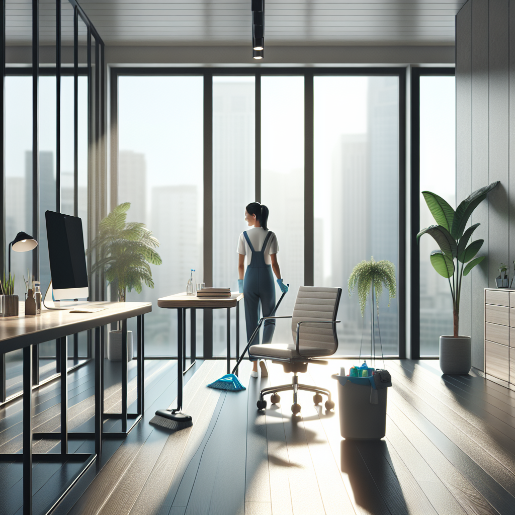 A modern office clean and organized, with a professional cleaner in action.