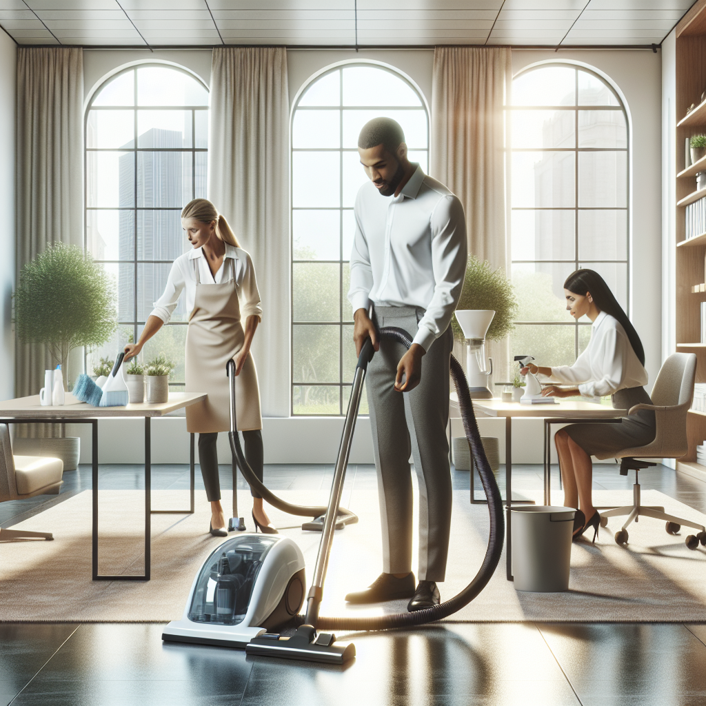 A diverse cleaning team working in a bright office environment.