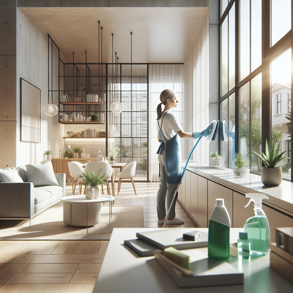 A professional cleaner scrubbing a glass window in a bright, clean space.