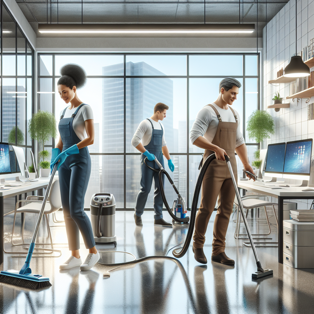 Cleaning professionals working in an organized office space.