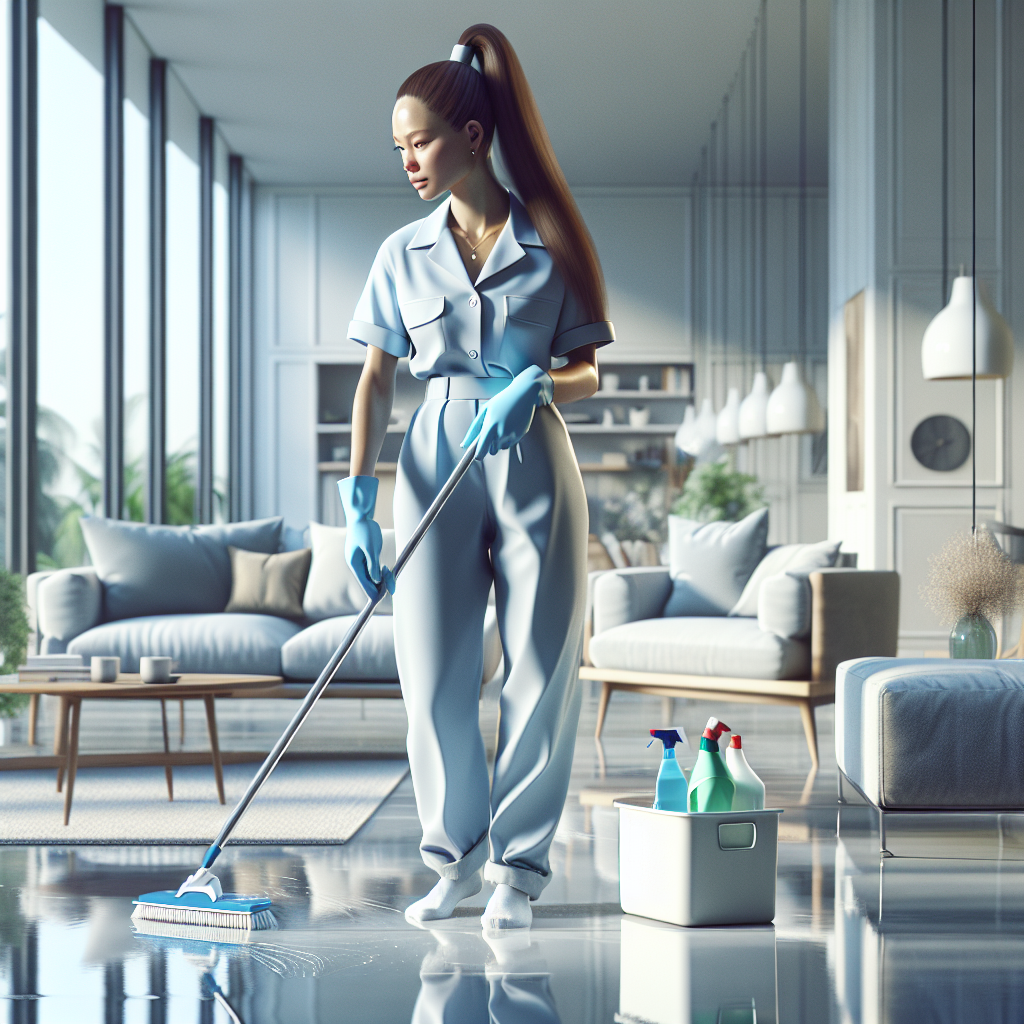 A cleaning professional in a blue uniform cleaning a spotless living room with eco-friendly products.