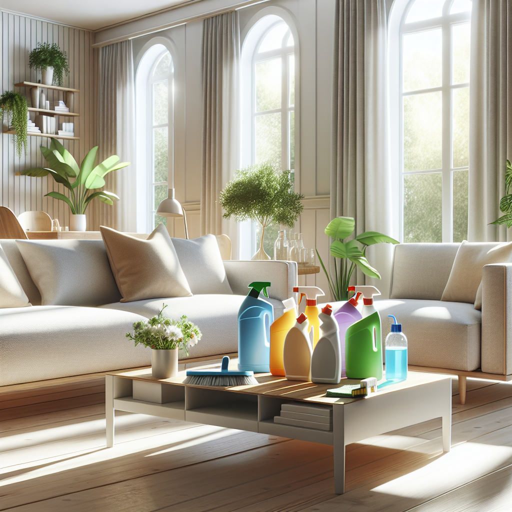 A clean and inviting living room with eco-friendly cleaning products and natural light.