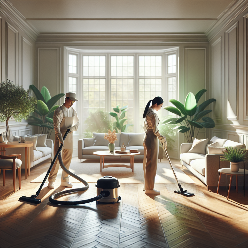 A professional cleaning crew at work in a bright, clean living room.