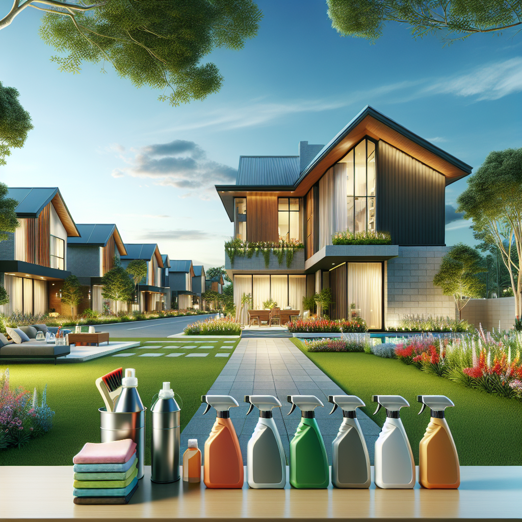 A pristine neighborhood in Brintnell with modern homes, clean windows, eco-friendly cleaning supplies, and bright flowers.