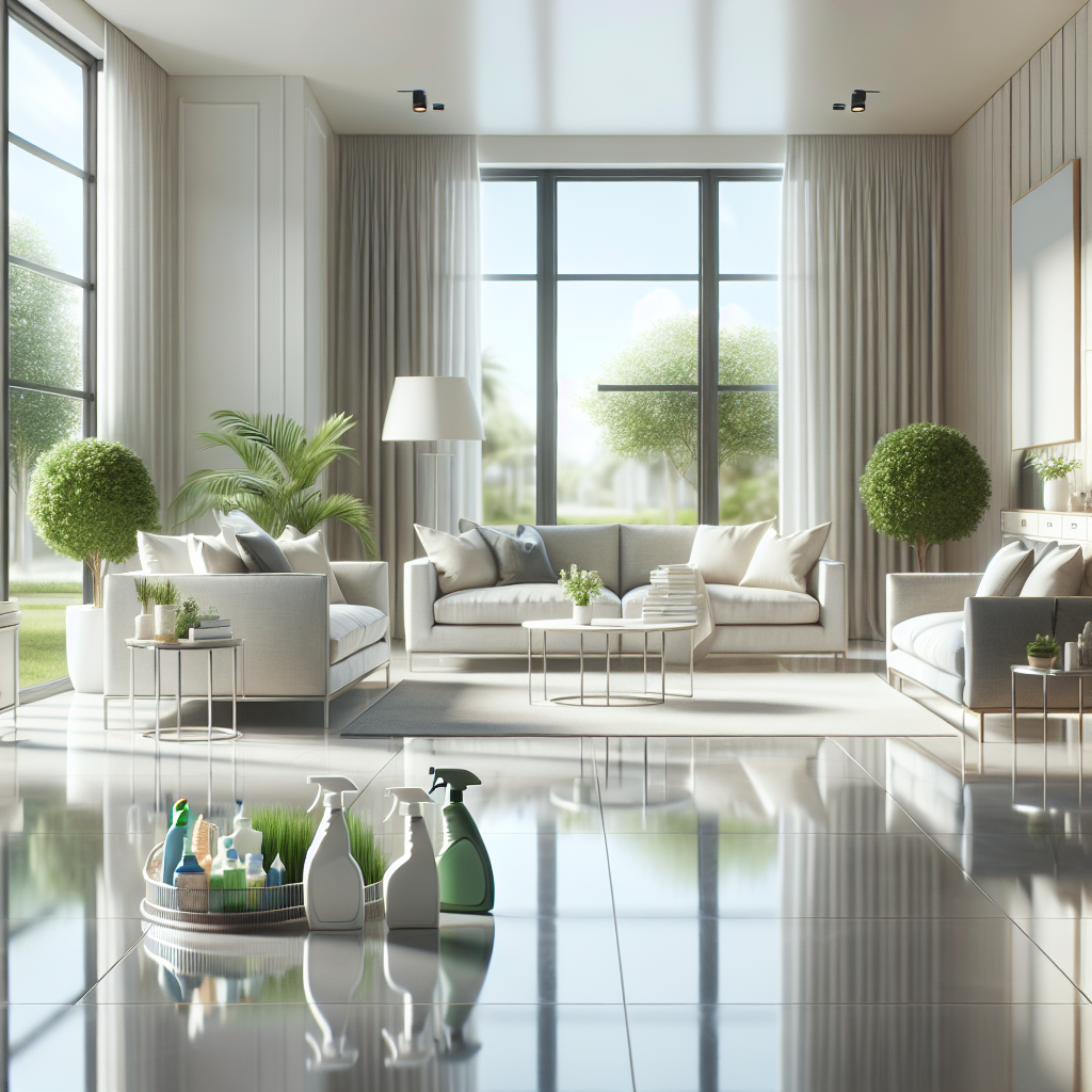 A clean and organized residential and commercial space with natural lighting and eco-friendly cleaning supplies.