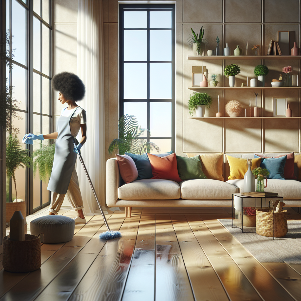 A professional cleaner dusting a modern, clean home interior.