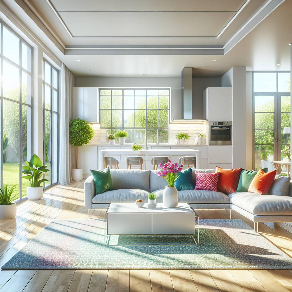 A clean and organized home interior featuring a bright living room and kitchen.