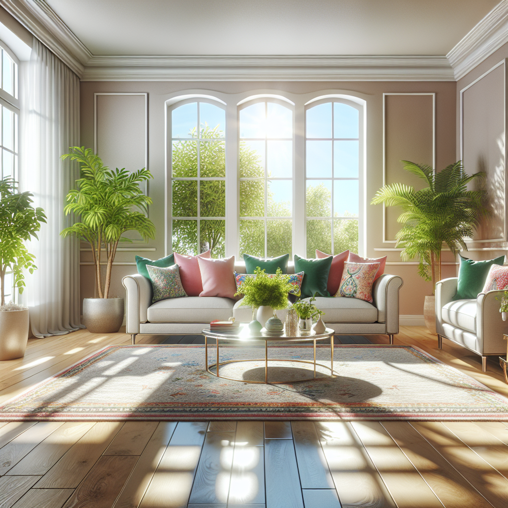 A clean and organized living room with a bright atmosphere.