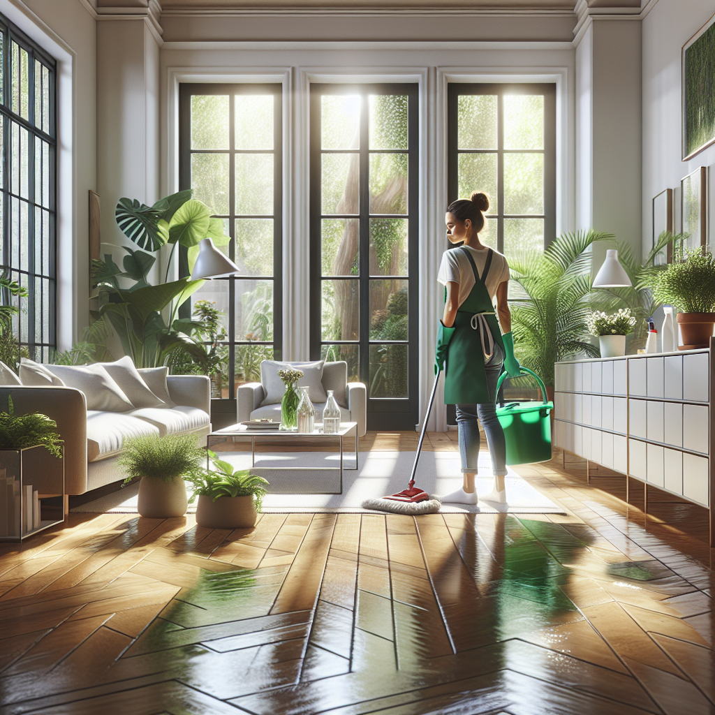 A cleaner in a bright living room, showcasing eco-friendly cleaning products.