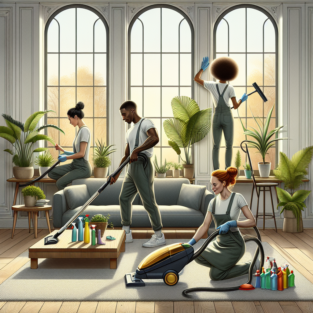 A professional cleaning team working in a bright living room.