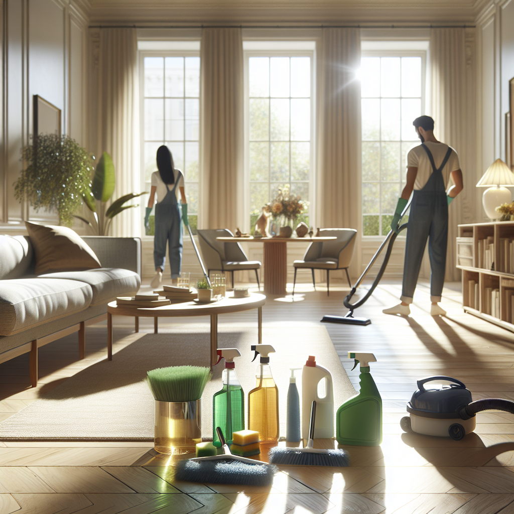 A team of diverse cleaning professionals in a clean living room using eco-friendly products.