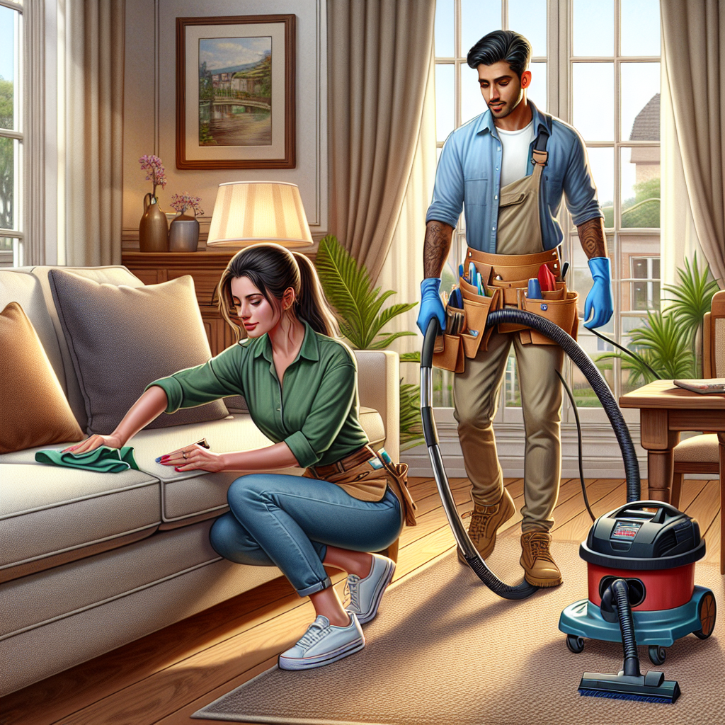 A professional cleaning service at work in a cozy living room.