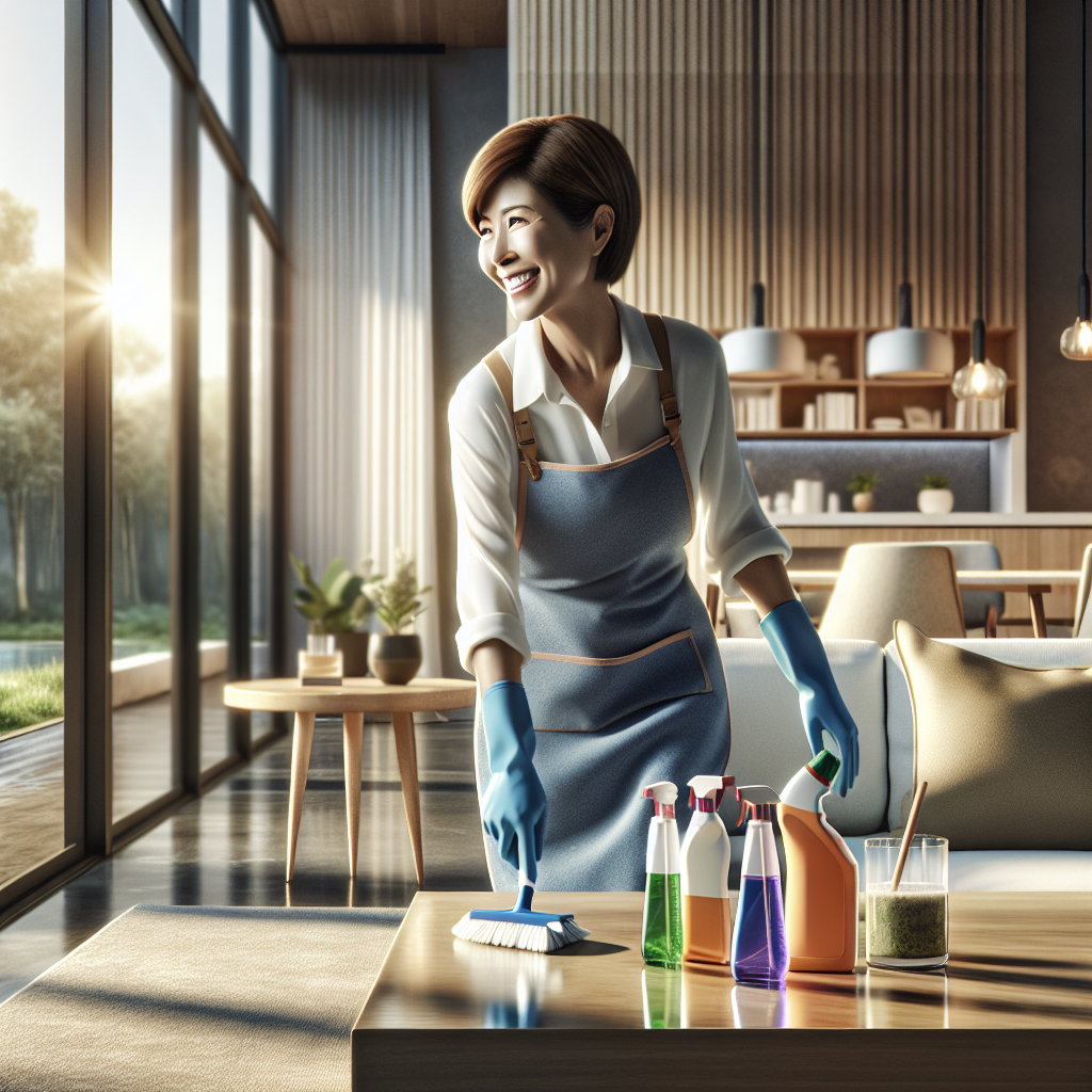 A professional cleaner happily tidying a sunlit living room.