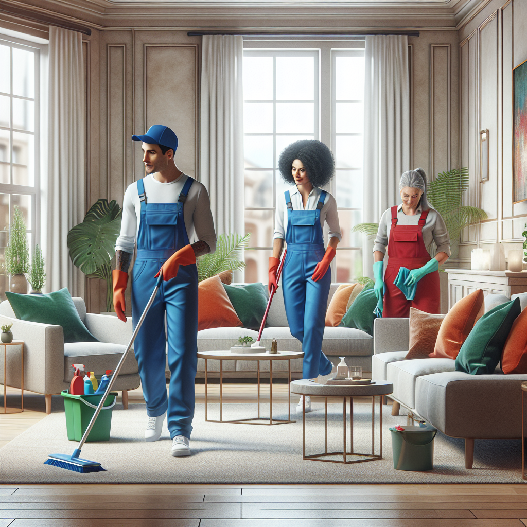 Professional cleaning service team in a modern living room.