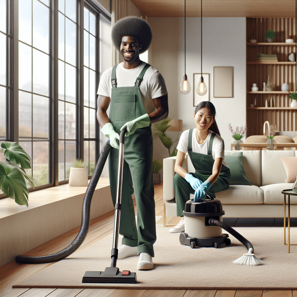 A professional cleaning team in a modern home environment.