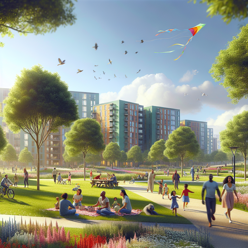 A vibrant urban park scene in Queen Mary Park with people enjoying outdoor activities.