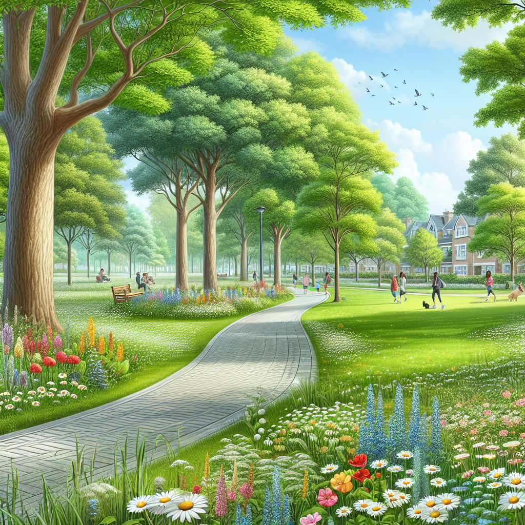 A clean and vibrant Queen Mary Park scene with green grass, wildflowers, and families enjoying the outdoors.