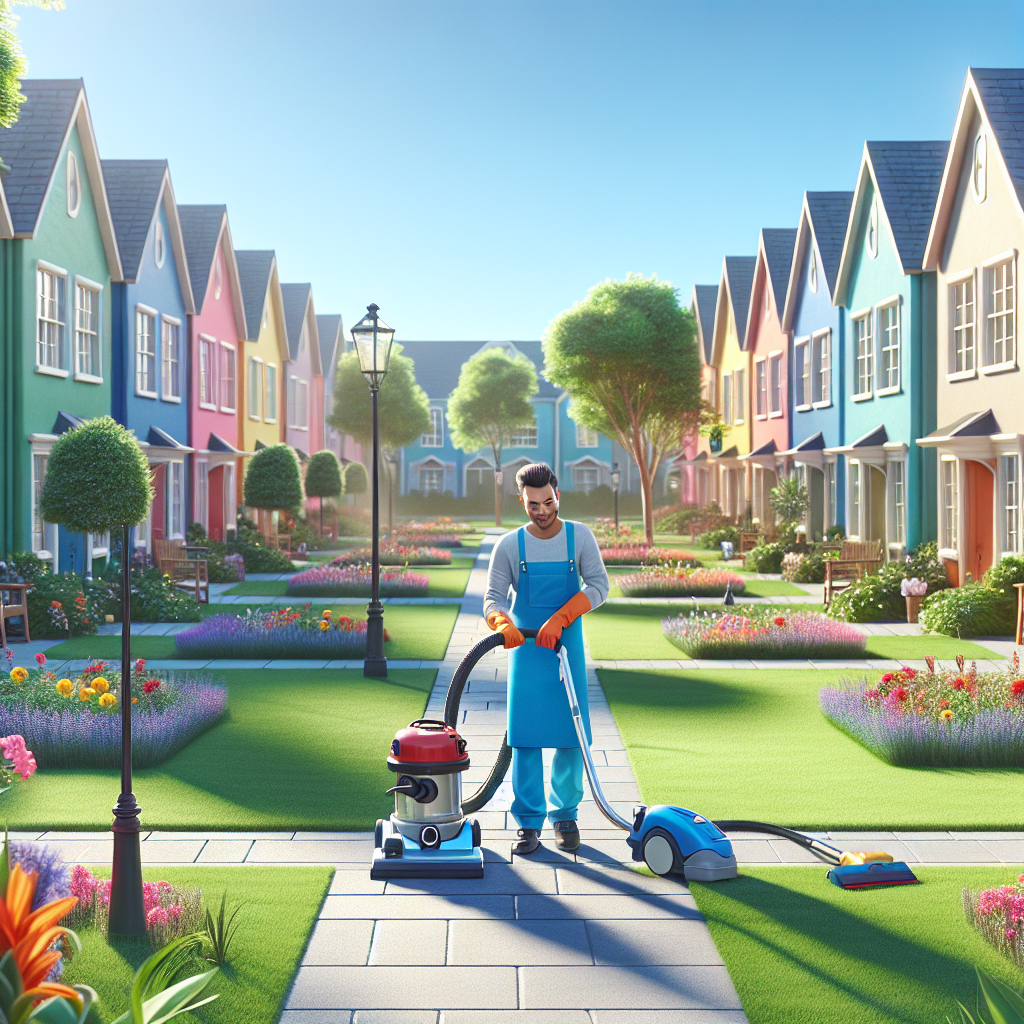 A professional cleaner vacuuming a pathway in a vibrant neighborhood with colorful houses and blooming flowers.