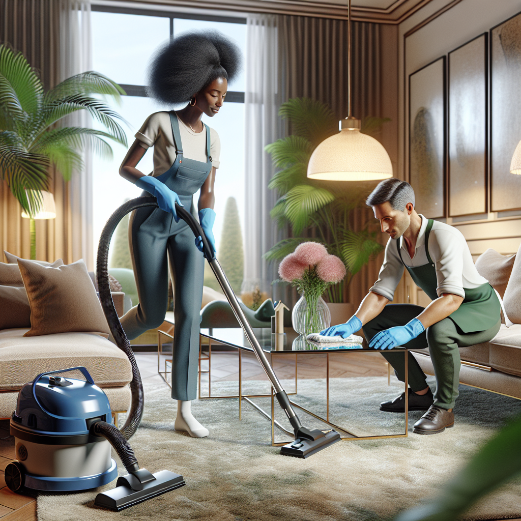 Two professional cleaners working in a bright, modern living room.