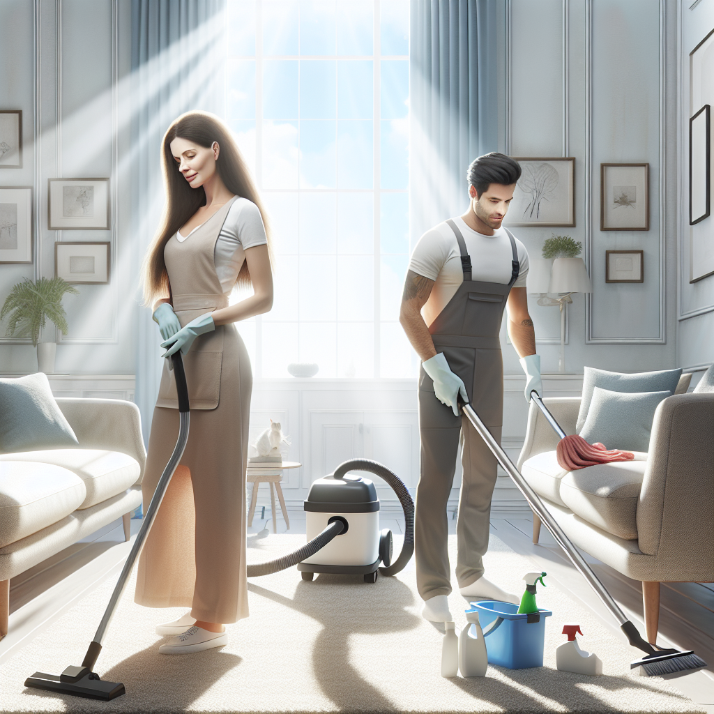 A professional cleaning team at work in a bright living room.