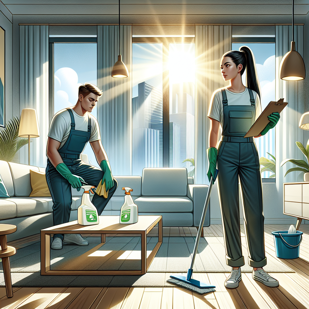 Professional cleaning service team working in a bright modern living room.