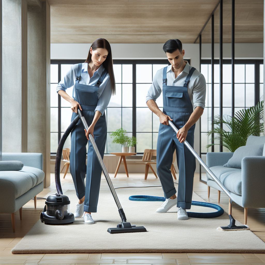 Two professional cleaners in action, one vacuuming and the other mopping in a bright, organized room.