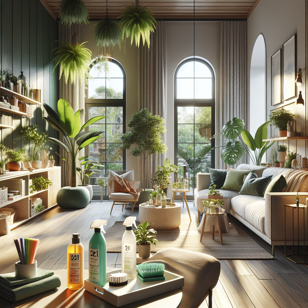 A clean and inviting living room showcasing eco-friendly cleaning products.