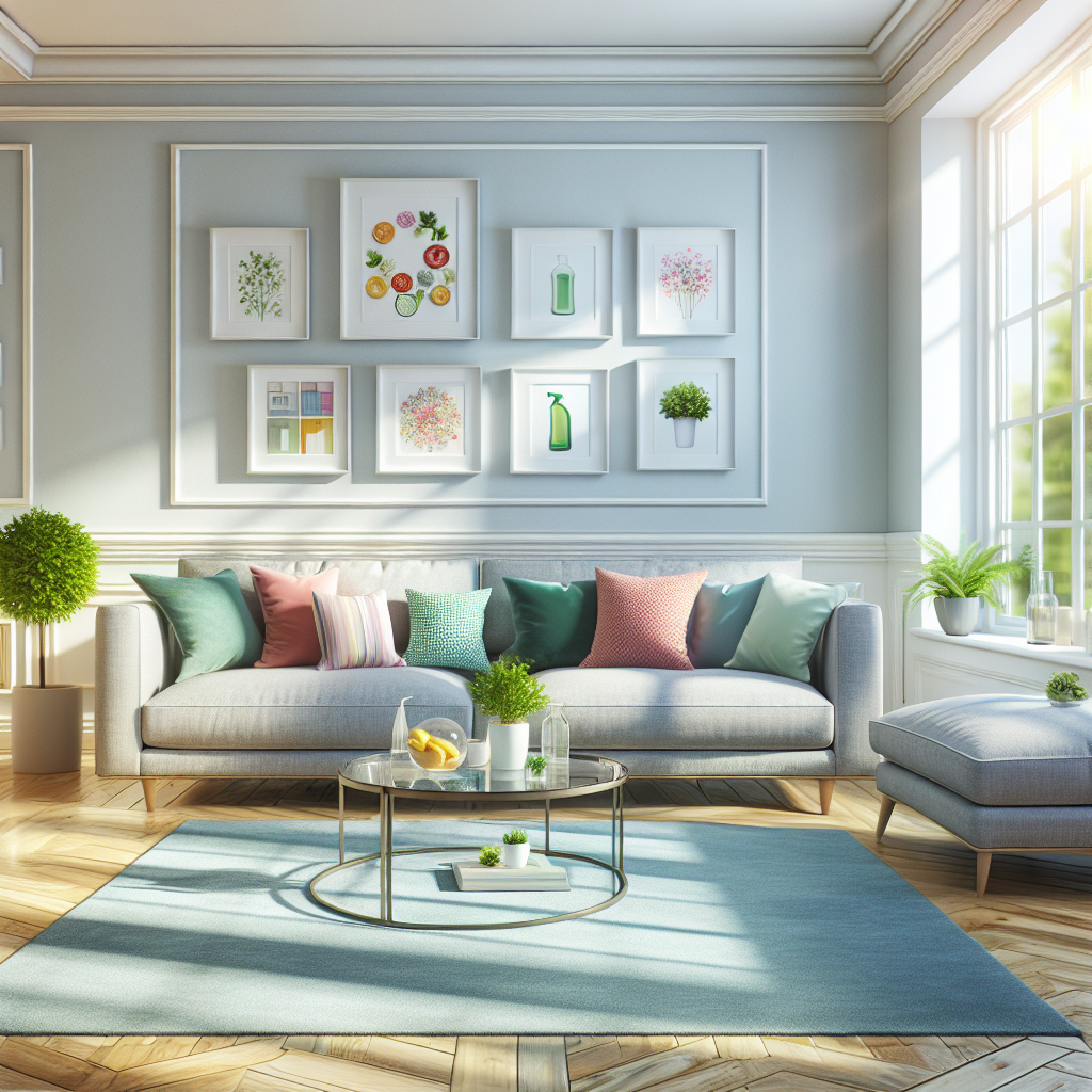 A clean and inviting living room with a gray sofa, a glass coffee table, and eco-friendly cleaning products displayed.