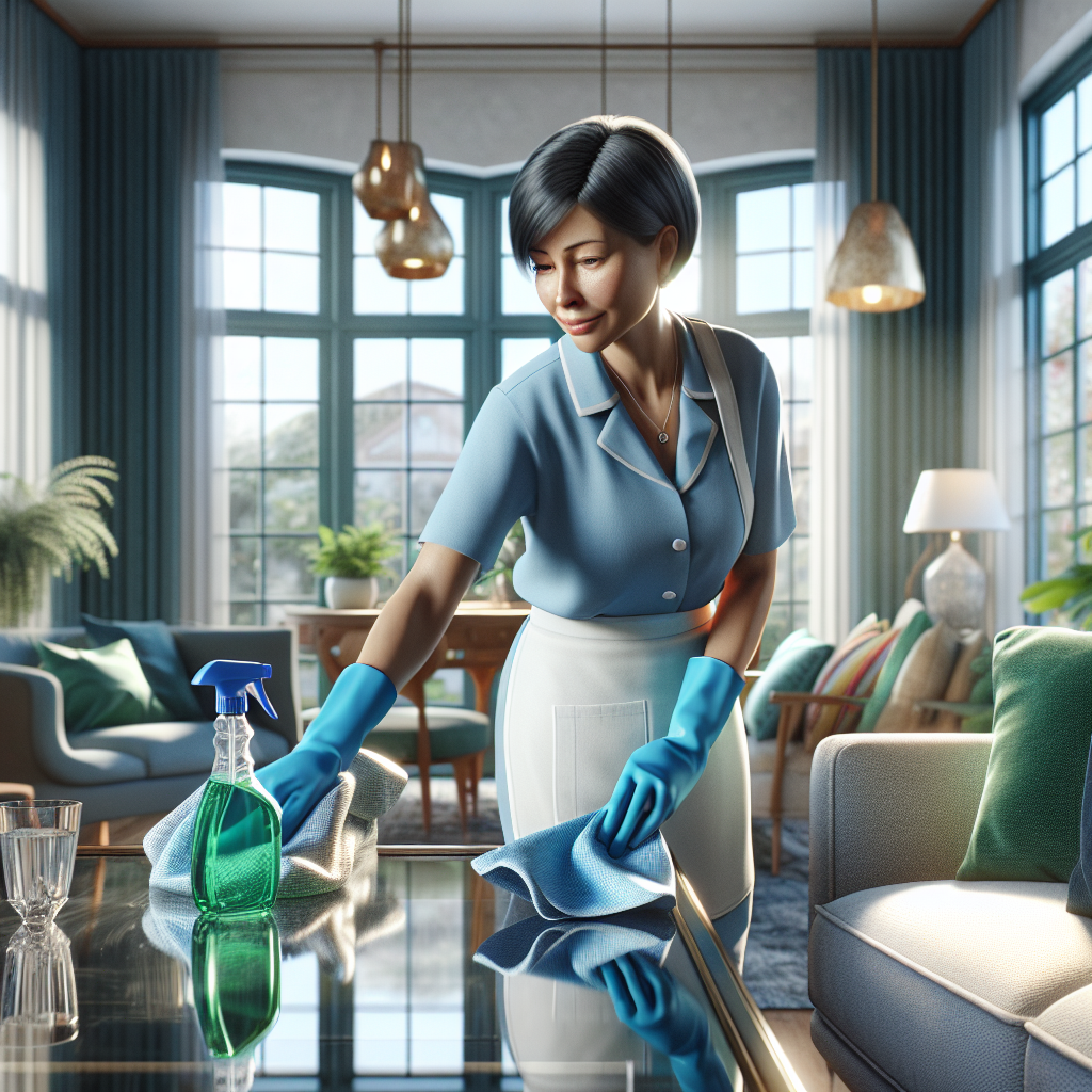 A professional cleaner in a blue uniform cleaning a glass table in a bright living room.