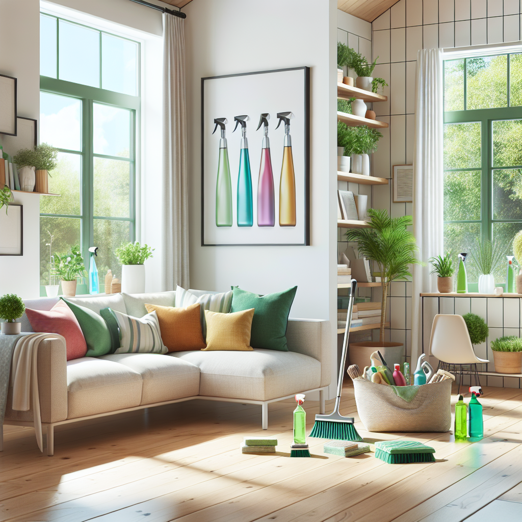 A clean and inviting home interior with a focus on a living room, eco-friendly cleaning kit, and natural light.