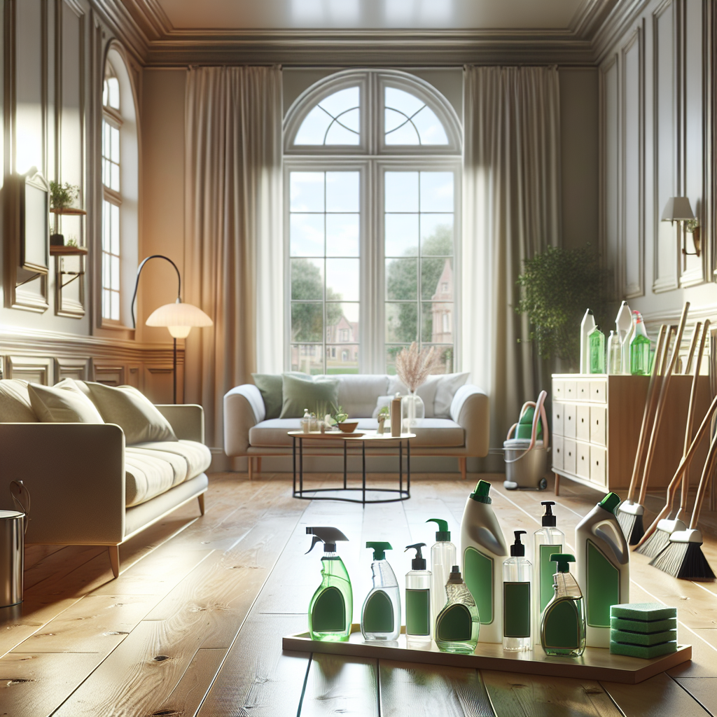 An organized living room with eco-friendly cleaning products and a tranquil atmosphere.