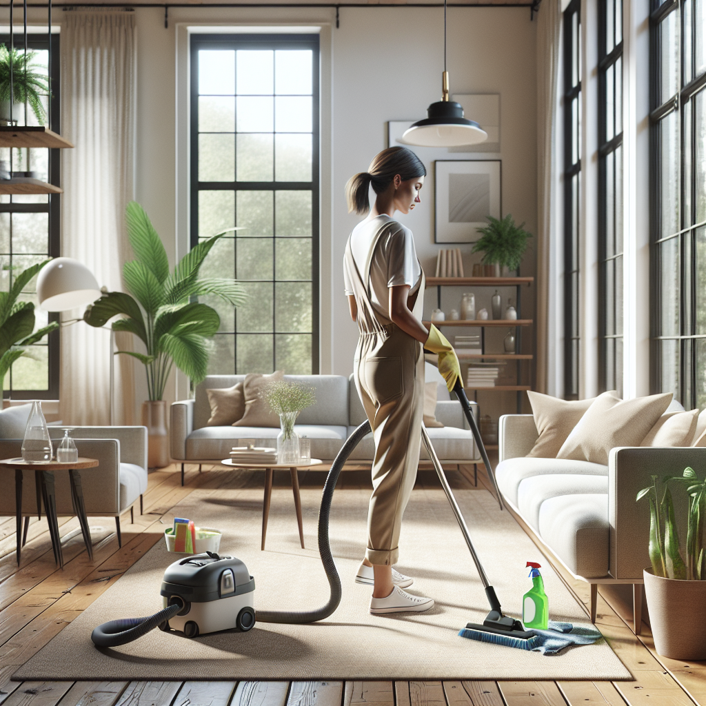 A cleaning service technician in a modern living room, featuring eco-friendly supplies and a clean environment.