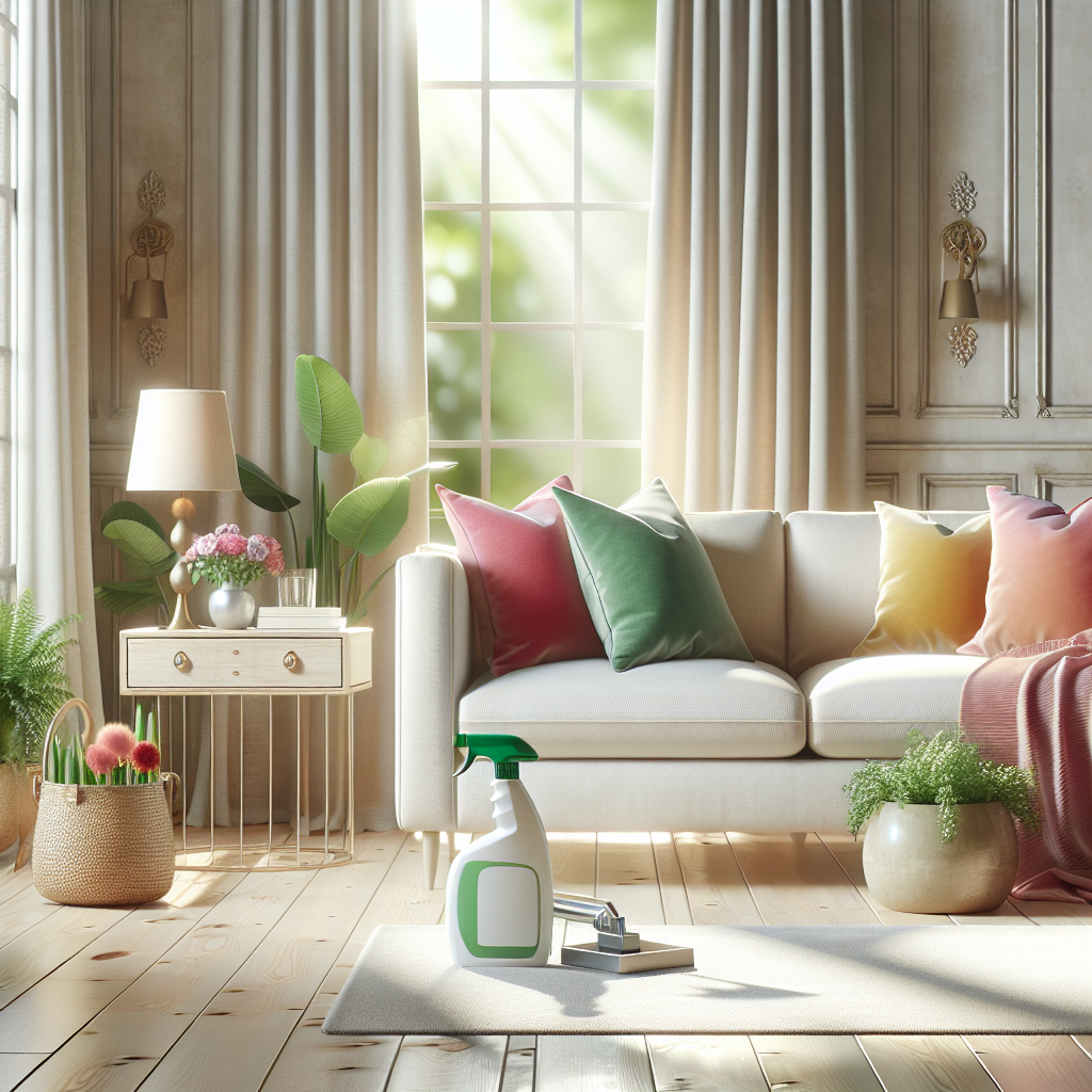 A pristine, professionally cleaned living room with light-colored furniture and natural light.