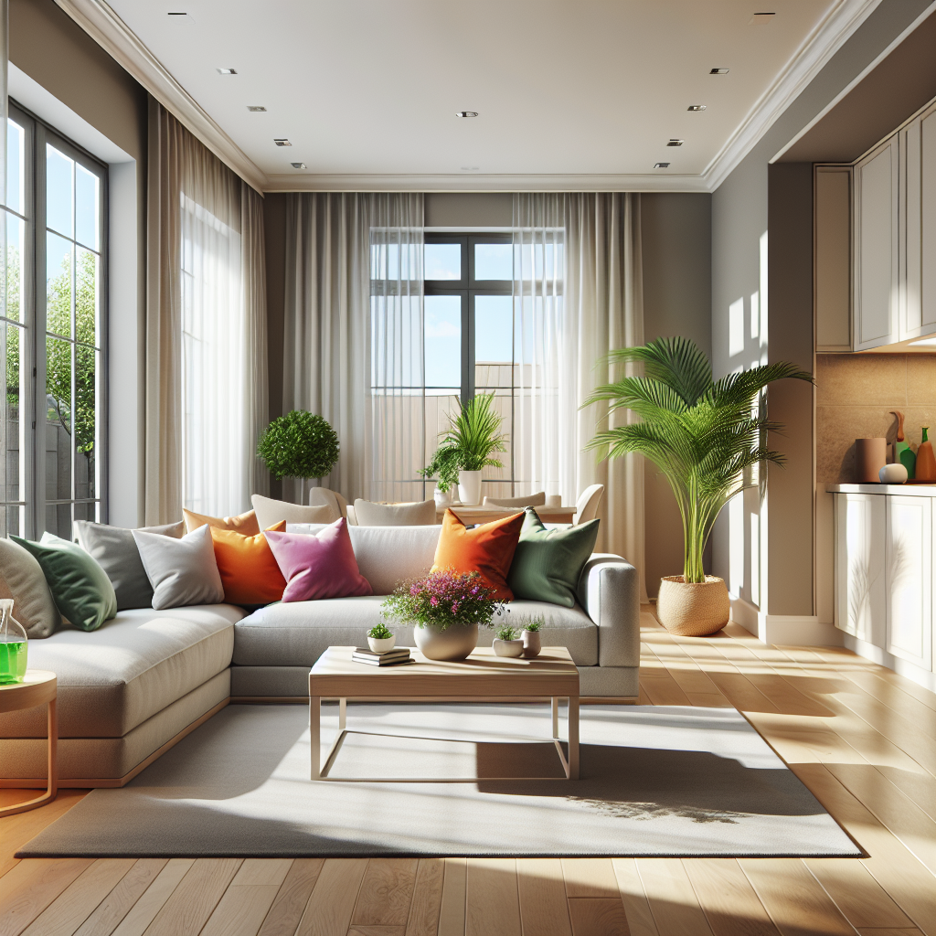 A pristine and organized home interior with a light gray sofa, colorful throw pillows, and a bright kitchen.