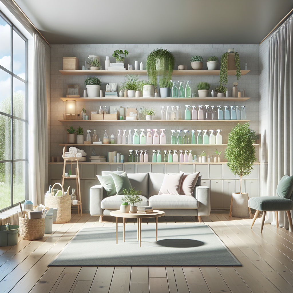 A clean and inviting living room interior with eco-friendly cleaning products and natural light.