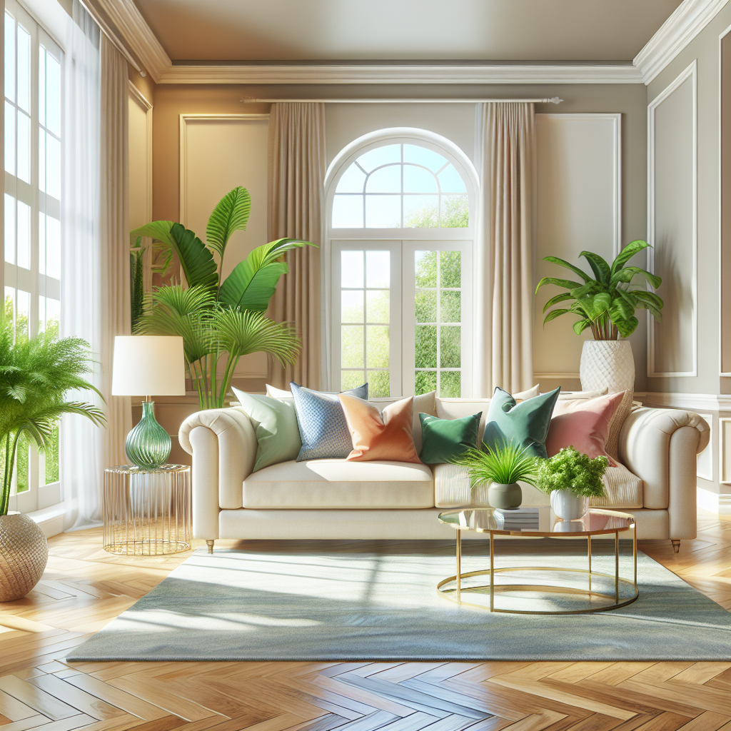 A cozy, clean living room with a beige sofa, colorful pillows, and natural light.