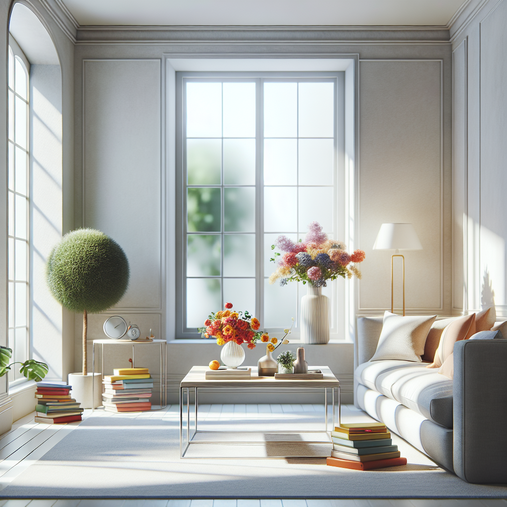 A clean and organized modern living room with natural lighting.