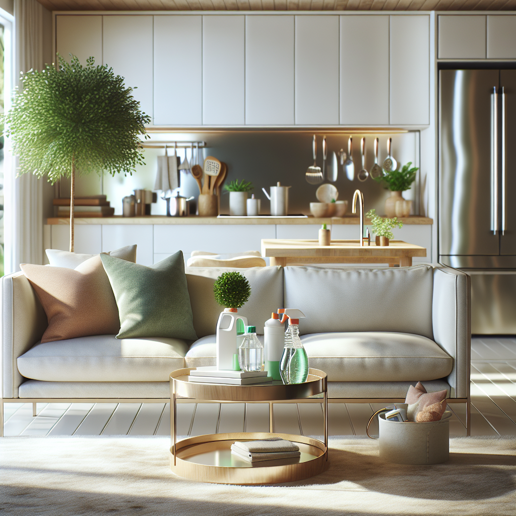 A clean and organized living space with a cozy sofa and a polished coffee table.