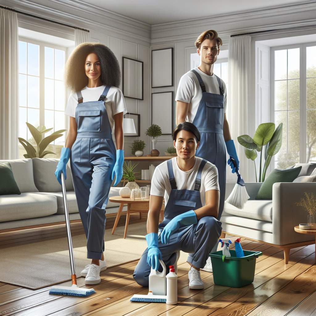 A team of diverse professional cleaners in a stylish living room.