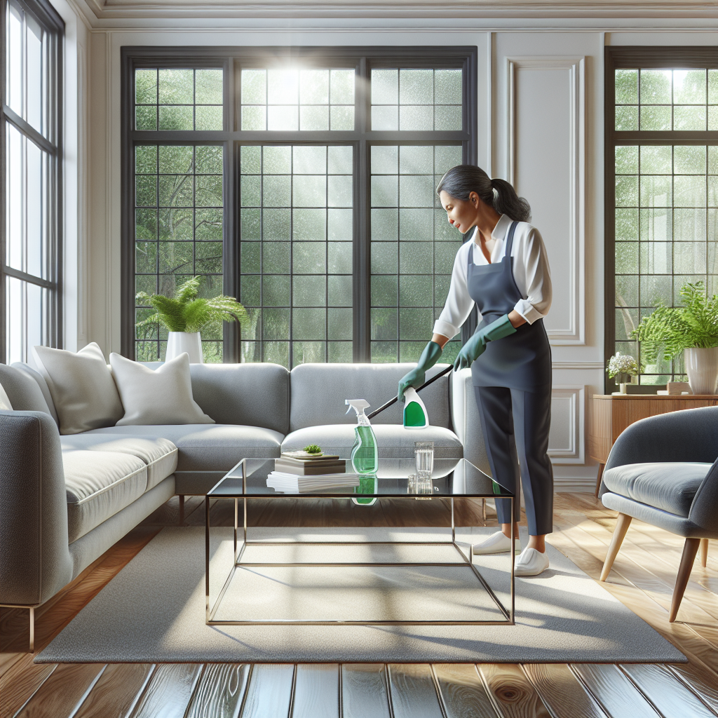 A professional cleaner in a modern living room, showcasing cleaning services.
