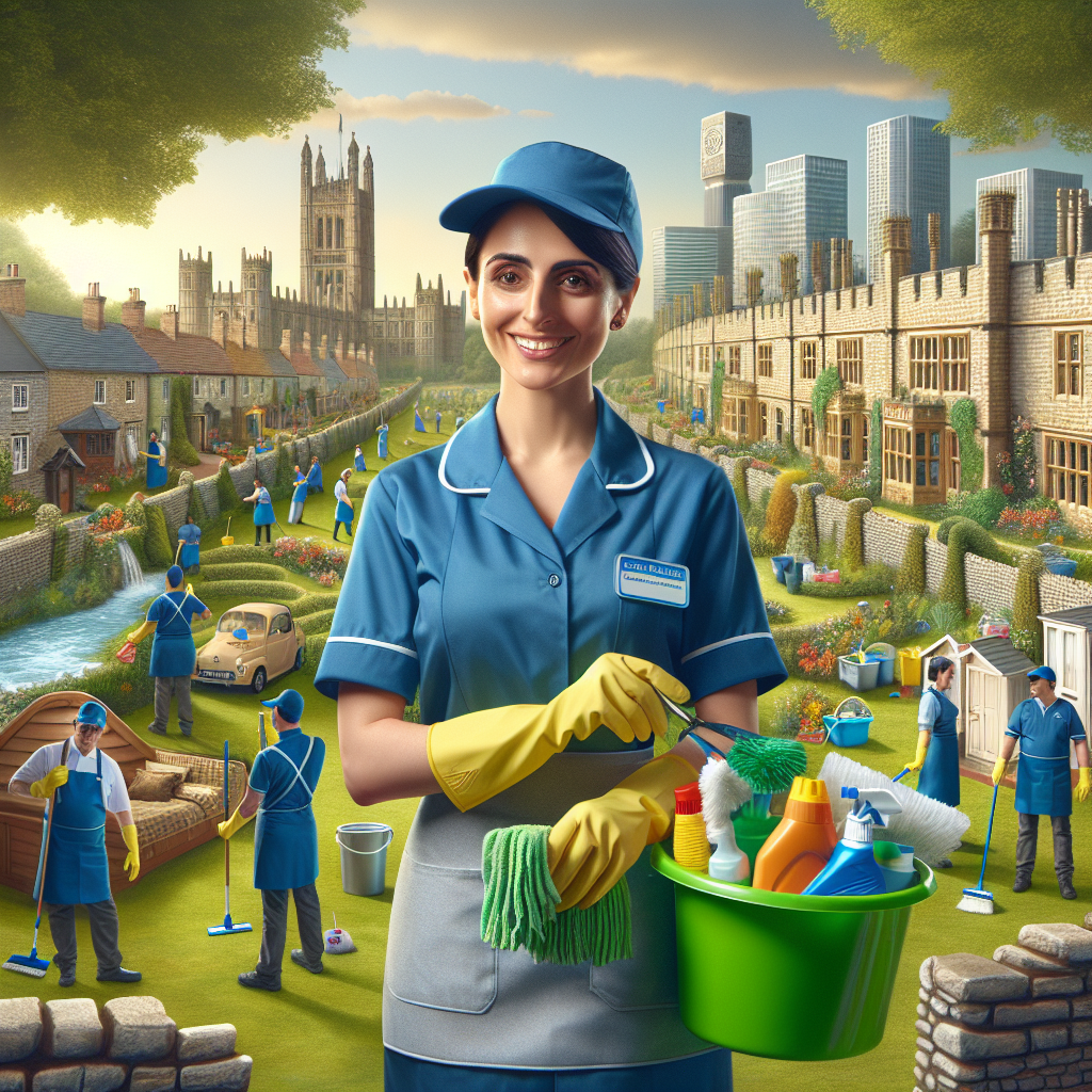 A bustling cleaning services marketplace in Castle Downs with a female cleaner and various cleaning scenes.