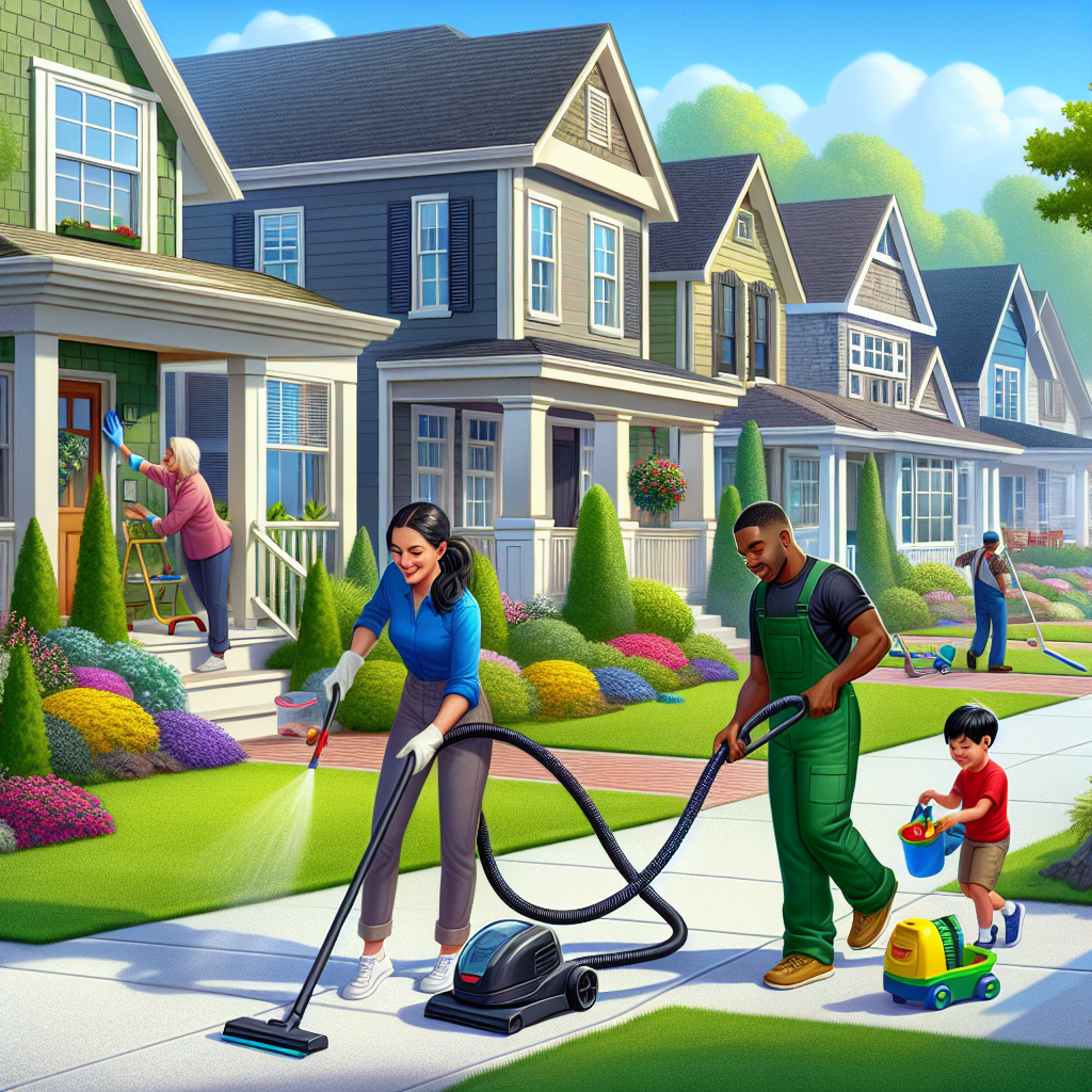 A street in Castle Downs featuring diverse cleaning services with homeowners and professionals.