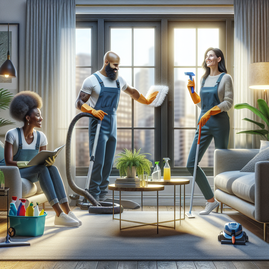 A diverse cleaning team performing their duties in a cozy living room.