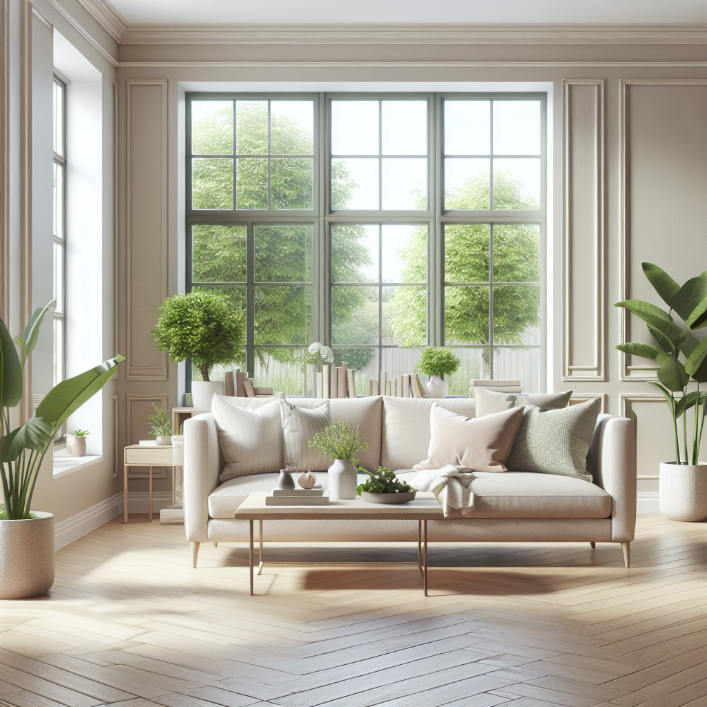 A clean and welcoming living room showcasing a cozy sofa, coffee table, and bright sunlight.