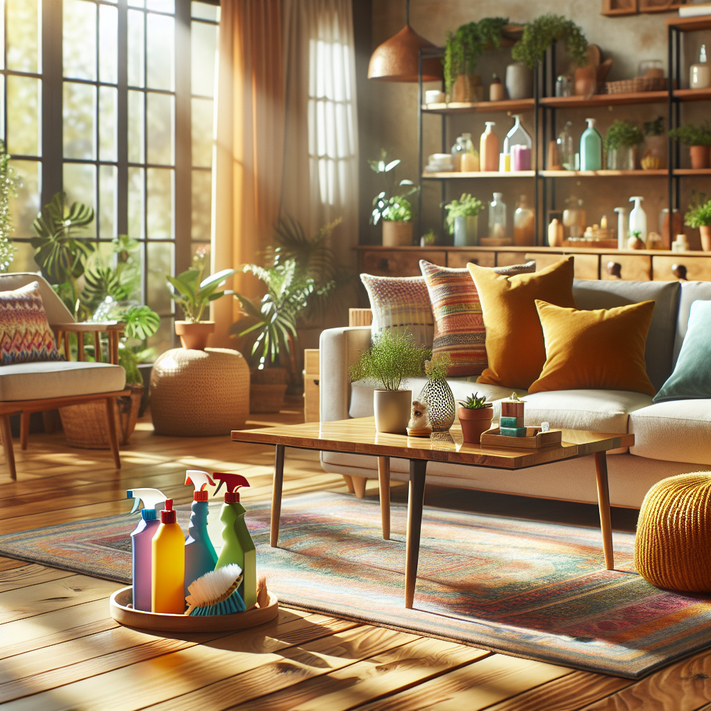A clean and inviting home environment with sunlight, cozy furnishings, and eco-friendly cleaning supplies.
