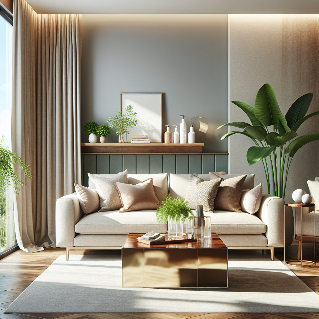 A cozy, clean living room with eco-friendly cleaning products and natural light.